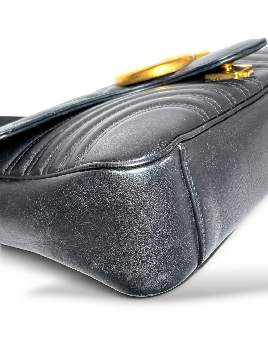 Thrift Mint Gucci Marmont black leather shoulder bag with chevron quilting and antique gold GG hardware side view