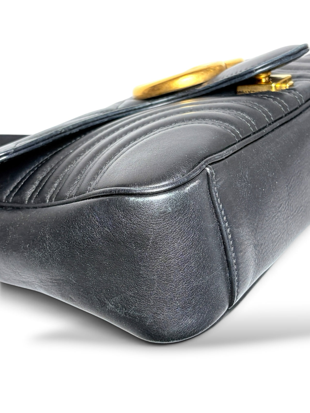 Thrift Mint Gucci Marmont black leather shoulder bag with chevron quilting and antique gold GG hardware side view
