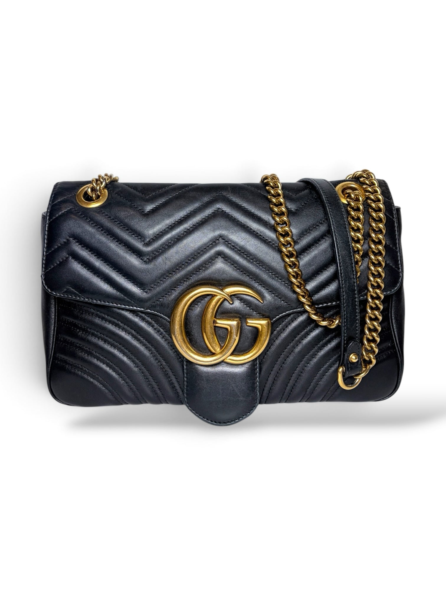 Thrift Mint black quilted leather Gucci Marmont shoulder bag with antique gold GG hardware and sliding chain strap