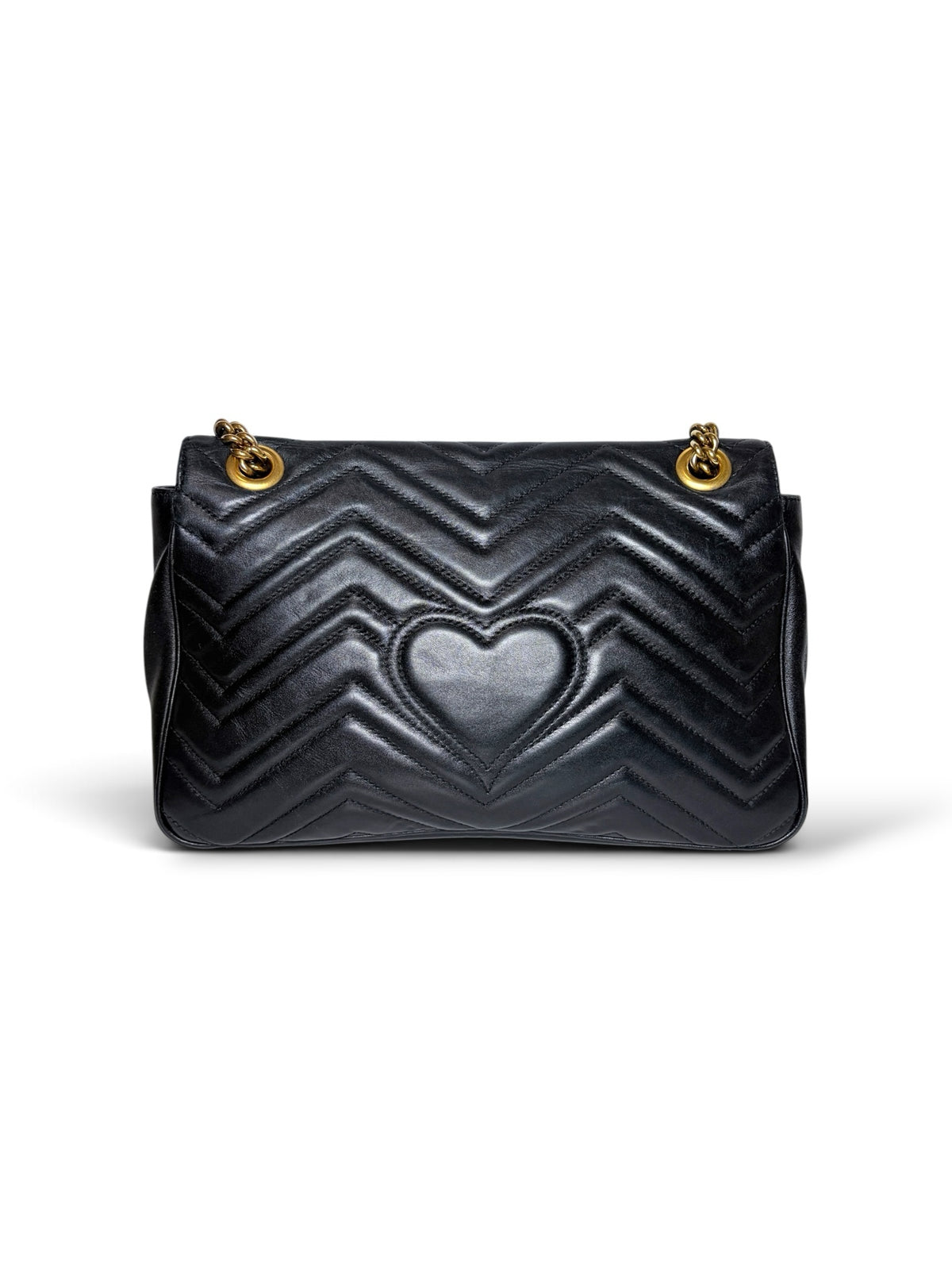 Thrift Mint black leather Gucci Marmont shoulder bag with chevron quilting and heart stitching on the back