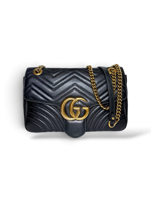 Thrift Mint black leather Gucci Marmont shoulder bag with chevron quilting and antique gold GG hardware