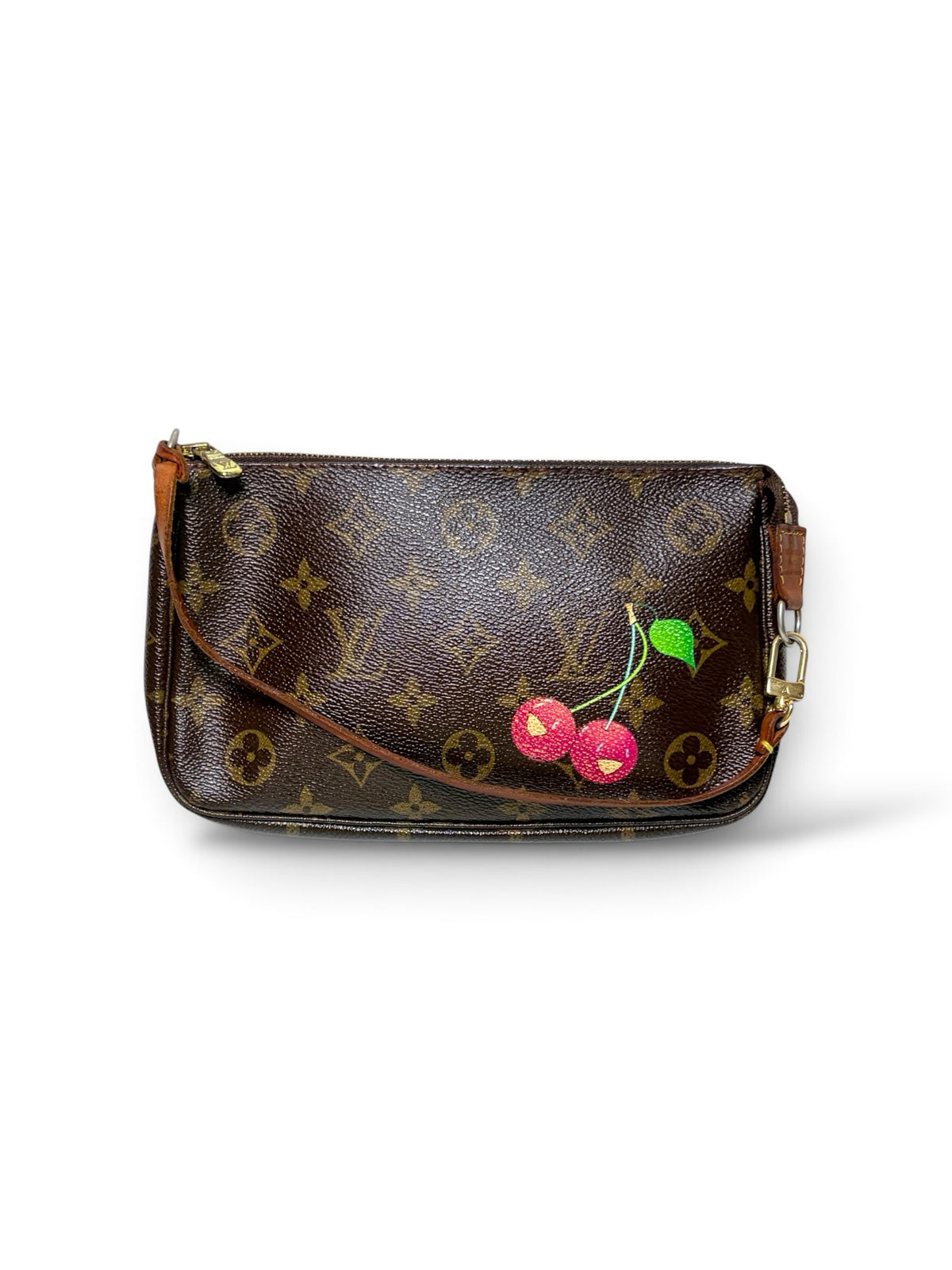 Thrift Mint Louis Vuitton Monogram Pochette Accessoires with cherry motif, brown canvas, and gold-tone hardware.
