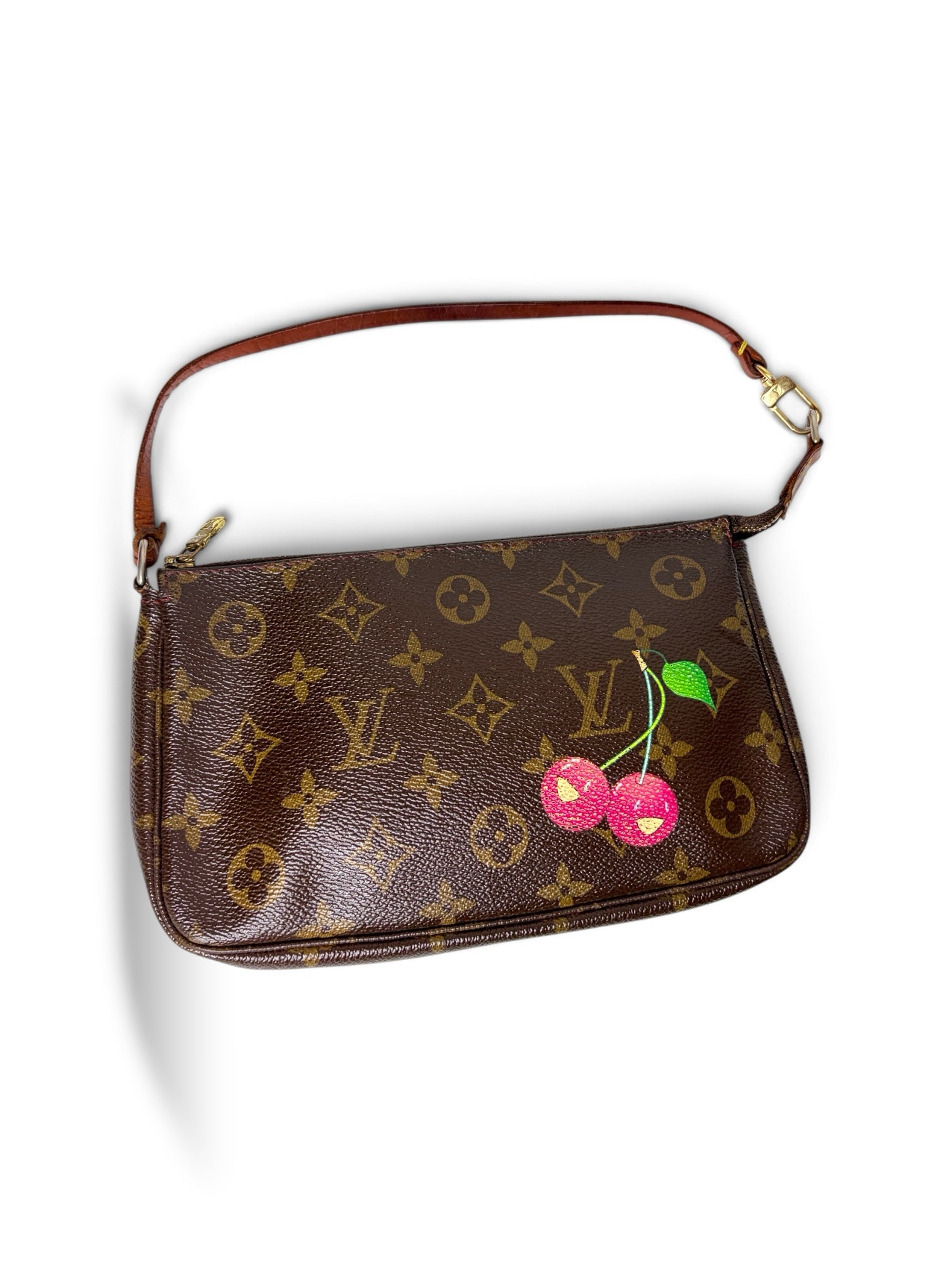 Thrift Mint pre-loved Louis Vuitton Monogram Pochette Accessoires with a whimsical cherry motif and gold hardware.