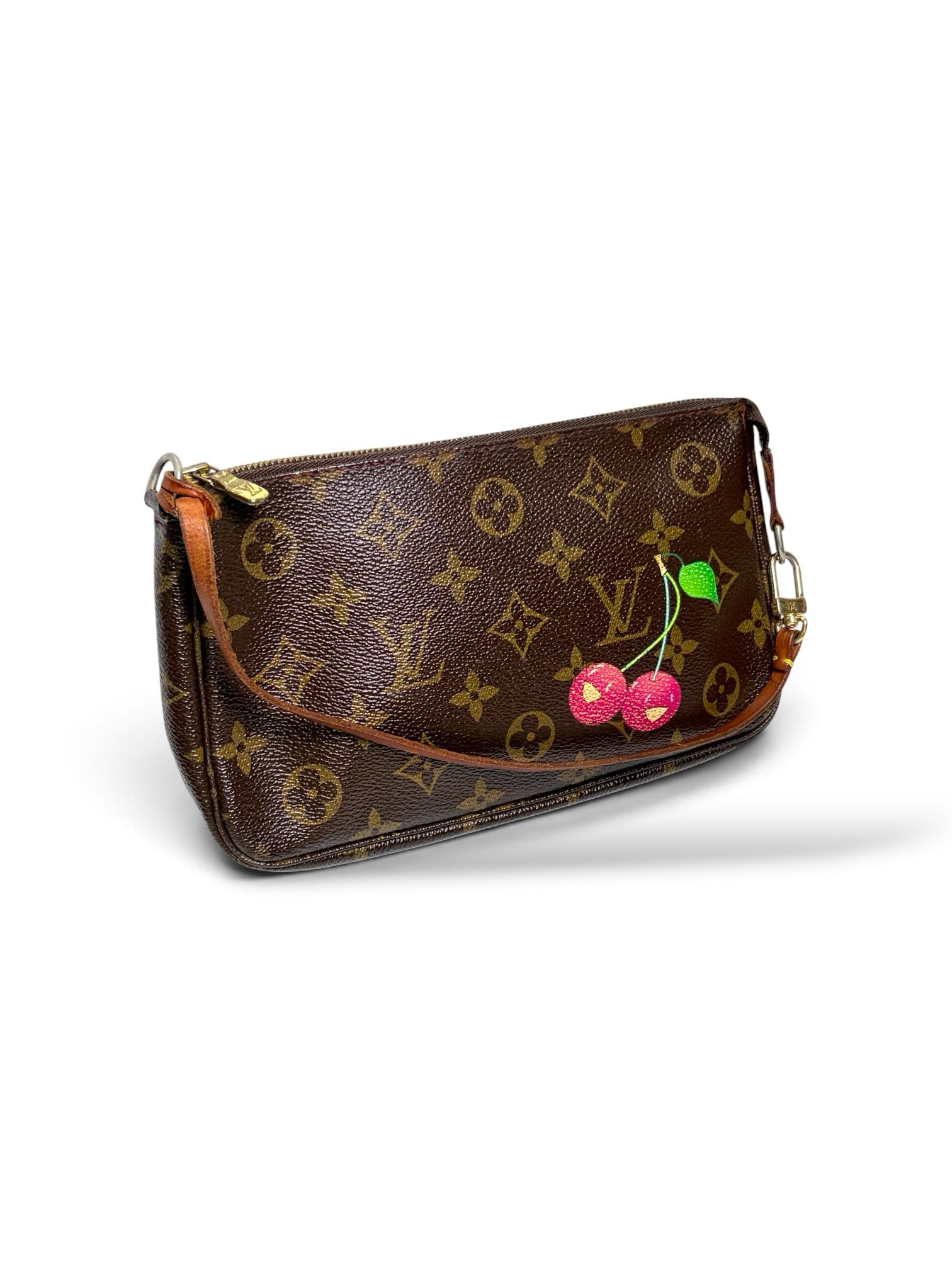 Thrift Mint Louis Vuitton Monogram Pochette Accessoires with cherry motif, brown canvas, and gold-tone hardware.