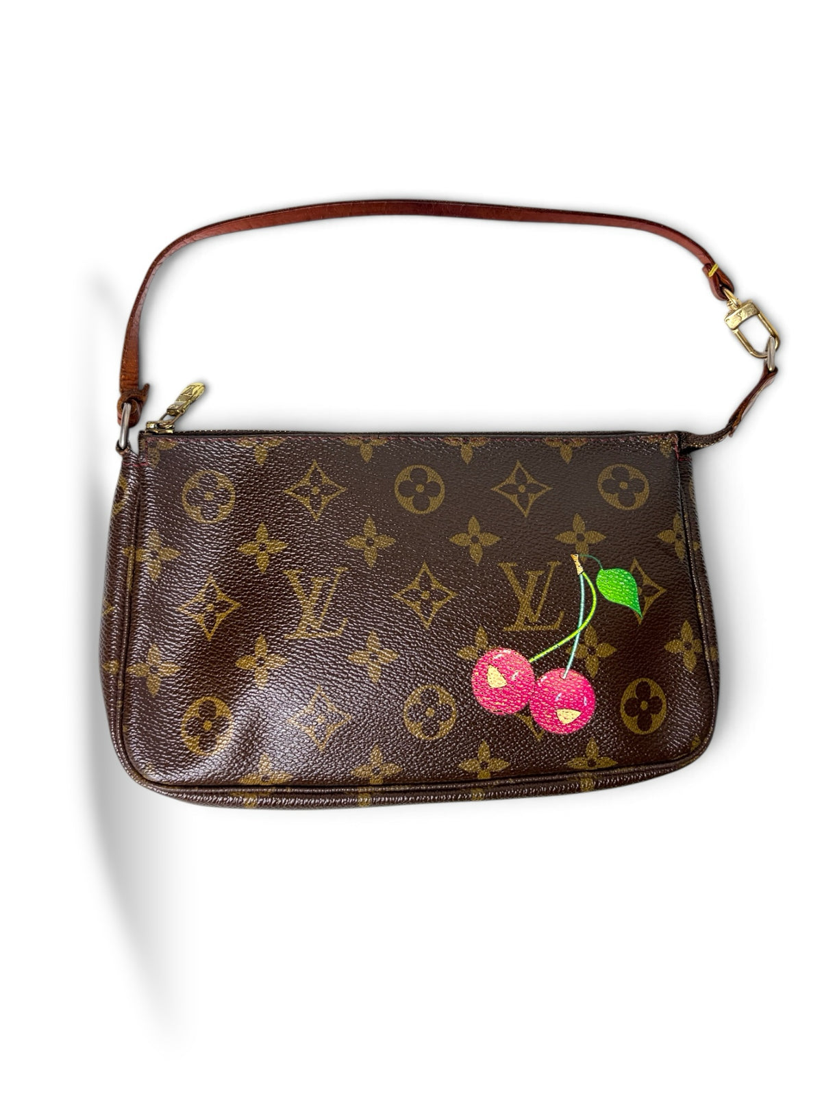 Thrift Mint Louis Vuitton Monogram Pochette Accessoires bag with cherry motif, brown canvas, and gold-tone hardware.
