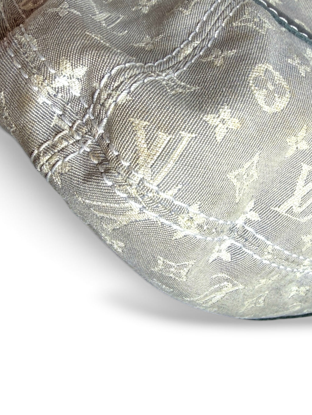 Thrift Mint Louis Vuitton grey monogram canvas hobo bag with metallic leather trim and detailed stitching