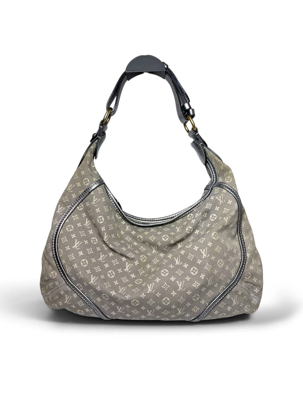 Thrift Mint Louis Vuitton grey monogram canvas hobo bag with metallic leather trim and polished hardware