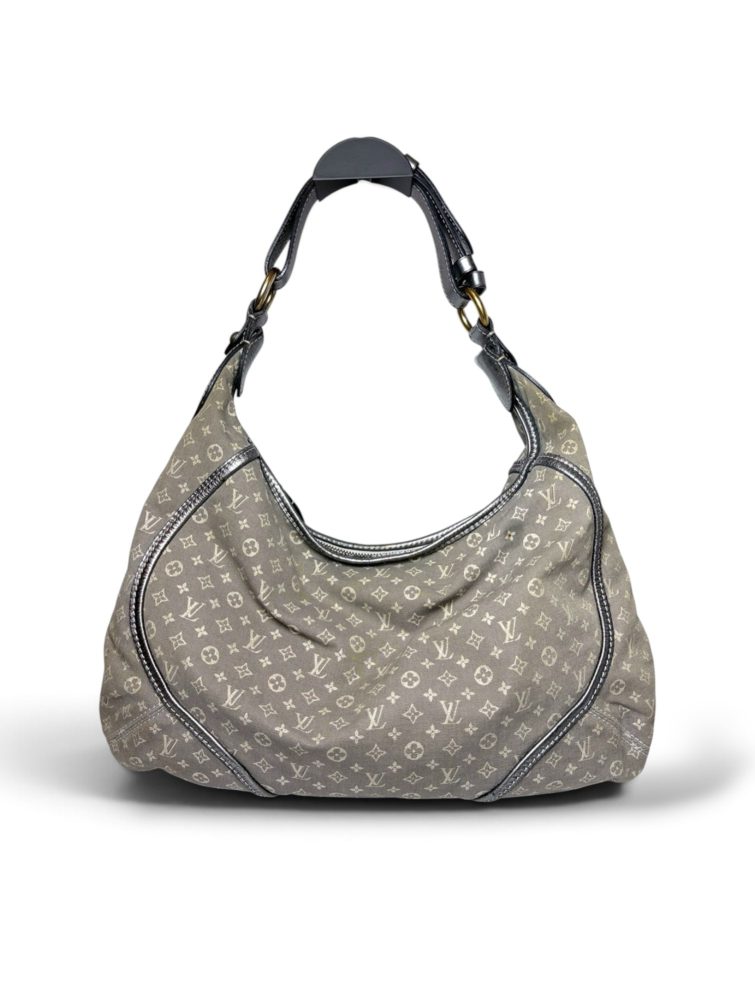 Thrift Mint Louis Vuitton grey monogram canvas hobo bag with metallic leather trim and polished hardware