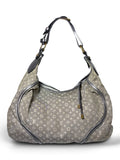 Thrift Mint grey Louis Vuitton monogram canvas hobo bag with metallic leather trim and a comfortable shoulder strap.