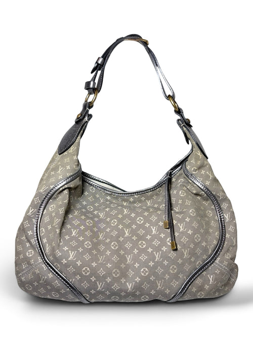 Thrift Mint grey Louis Vuitton monogram canvas hobo bag with metallic leather trim and a comfortable shoulder strap.
