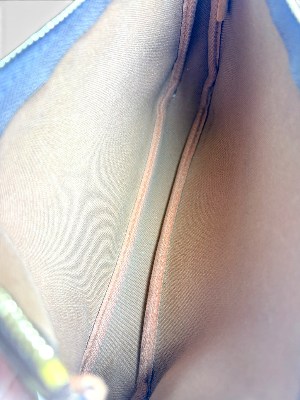 Interior view of Thrift Mint Louis Vuitton Pochette Accessoires featuring brown textile lining and leather trim.