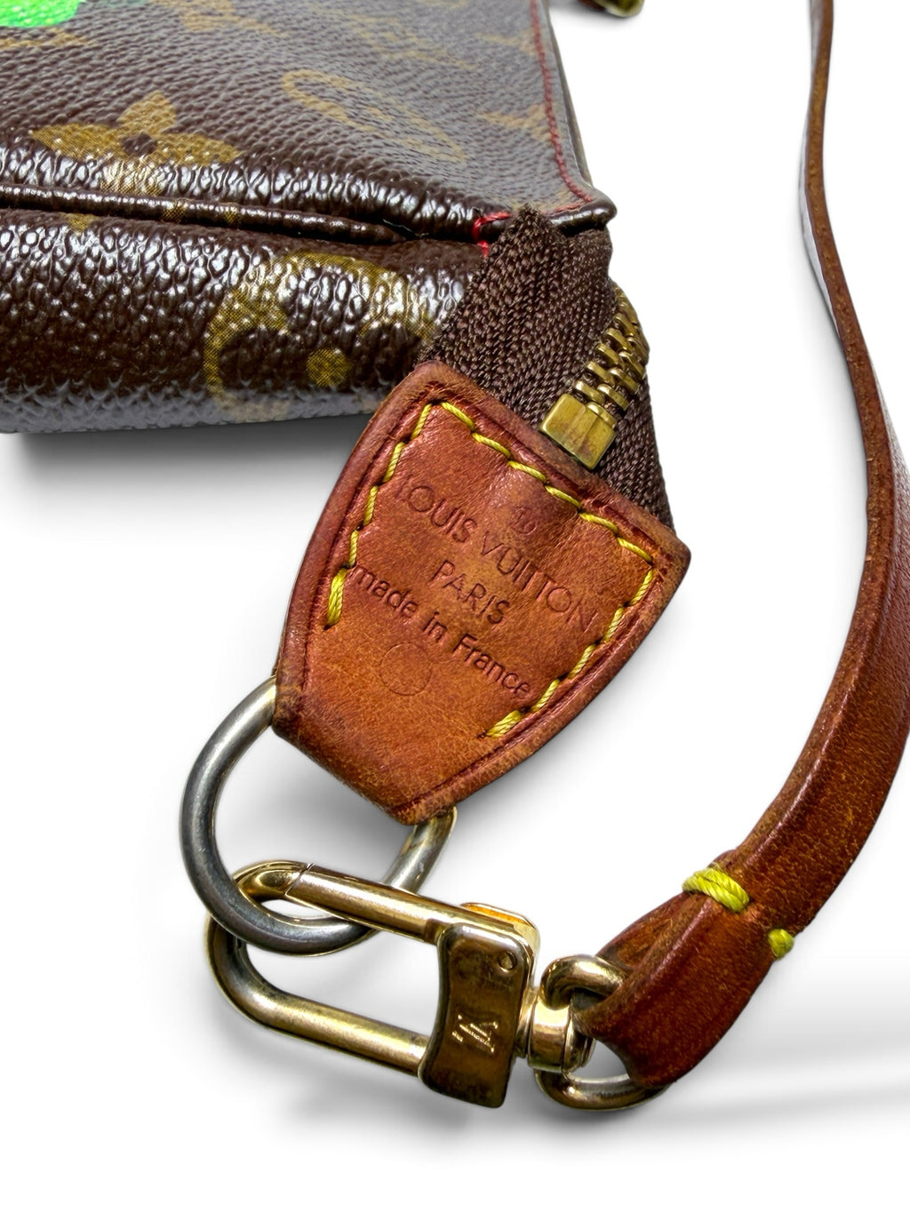 Thrift Mint Louis Vuitton Monogram Pochette Accessoires leather tab with gold hardware and yellow stitching detail