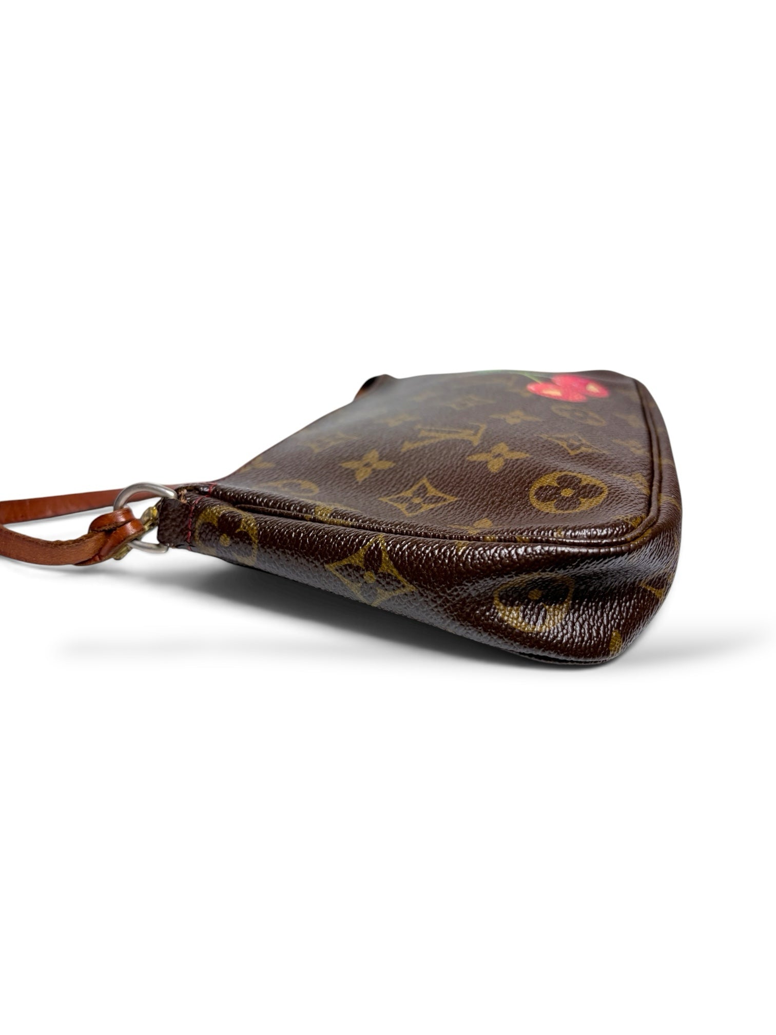 Thrift Mint Louis Vuitton Monogram Pochette Accessoires with cherry motif, brown canvas and leather strap side view