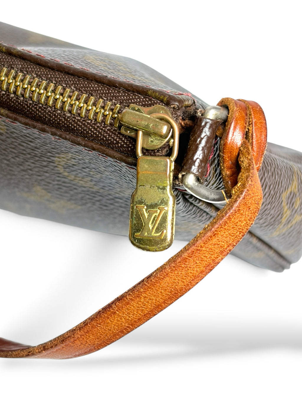 Thrift Mint Louis Vuitton Monogram Pochette Accessoires featuring brown canvas, leather trim, and gold-tone LV zipper